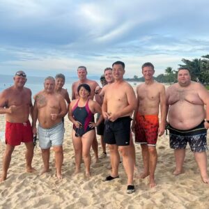 Lamai Fitness Retreat guests of all levels on Lamai Beach after a morning swim session Koh Samui